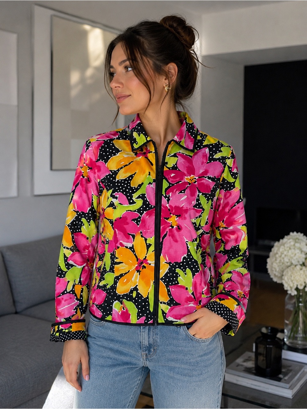 Laura Ashley Petite Floral Zip Front Jacket Pink Yellow Black Polka Dot PS